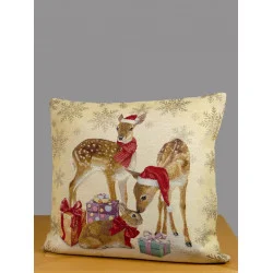 Gobelin-Kissenbezug in beige mit niedlichen Weihnachtsrehen, Geschenkepäckchen und Hase.