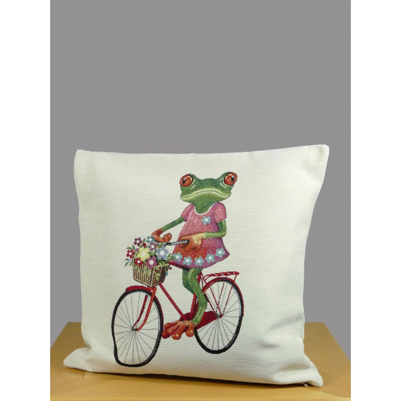 Gobelin Kissen Frosch mit Fahrrad