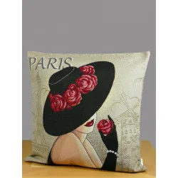 Hier wurde ein moderne Dame mit Hut in eine Gobelin-Kissenhülle gearbeitet.