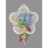 Fensterbild aus Plauener Spitze mit drei blauen Tulpen und rosa-gelber Schleife als filigrane Heimtextil-Deko.
