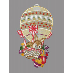 Fensterbild aus Plauener Spitze Hase im Ballon auf grauem Hintergrund