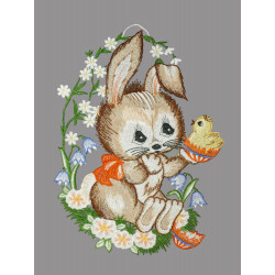 Fensterbild Hase mit Küken aus Plauener Spitze auf grauem Hintergrund