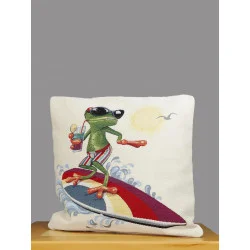 Gobelin-Kissenhülle Frosch mit Surfbrett 45x45 cm