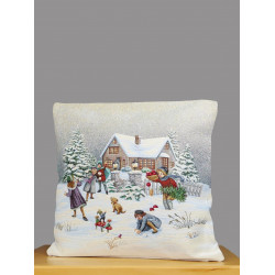 Quadratisches Gobelinkissen mit nostalgischem Wintermotiv spielender Kinder im Schnee aus festem Webstoff