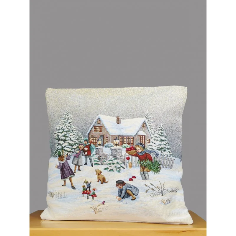 Gobelin Kissenhülle Schneeballschlacht 45x45 cm
