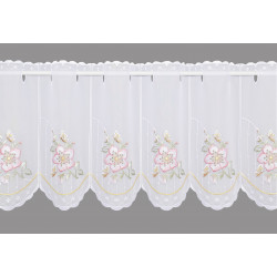 Weiße Scheibengardine im Voile-Stil mit dekorativer Wildrosenstickerei. 35 cm hoch
