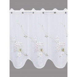Elegante Heimtextilien-Gardine in Weiß mit kunstvoller Blumenstickerei, Voile-Struktur und gleichmäßigem Faltenwurf. 35 cm hoch