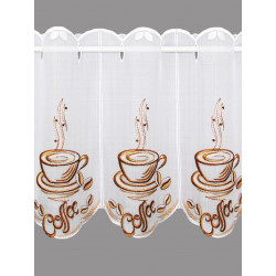 Stickerei-Bistrogardine Coffee in 35 cm Höhe auf grauem Untergrund.