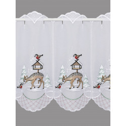Weisser Heimtextilien-Vorhang am Fenster mit Winterlandschaft, Rehen und silbernen Stickdetails. 35 cm hoch