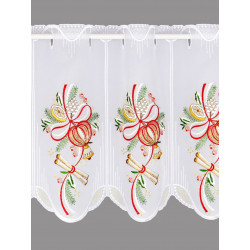 Halbtransparenter weisser Heimtextilien-Vorhang mit feiner Weihnachtsstickerei, roten Schleifen und Zapfen. 35 cm hoch
