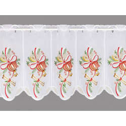 Kurzer weisser Heimtextilien-Vorhang mit gestickten Schleifen, Zapfen und weihnachtlichen Motiven. 35 cm hoch