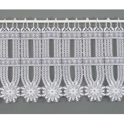 Elegante Bistrogardine aus weißer Plauener Spitze mit romantischem Blumenmuster als Sichtschutz. 30 cm hoch