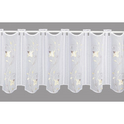 Halbtransparente weiße Kurzgardine aus Plauener Spitze mit eleganter Blütenranke-Stickerei in Beige und Braun. 35 cm hoch