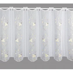 Bestickte Scheibengardine Blütenranke in beige-braun Plauener Spitze