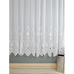 Klassischer Fenster-Store in Reinweiß mit filigranem Wasserlilien-Motiv und dekorativem, wellenförmigem Abschluss.