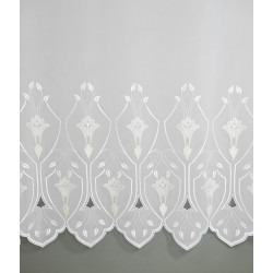 Detailaufnahme der hochwertigen Stickerei: Weißer Spitzenstore Wasserlilie mit elegantem Muster und Bogensaum.