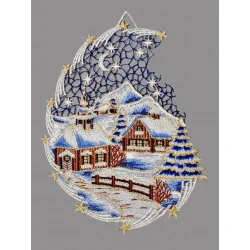 Wunderschönes Winterfensterbild mit einer verscheite Landschaft bei Nacht