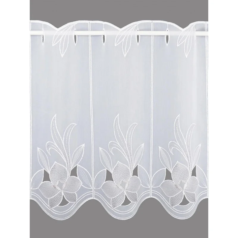 Angesagte Stickerei-Scheibengardine Emma in weiß-taupe Plauener Spitze