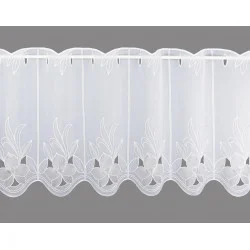 Angesagte Stickerei-Scheibengardine Emma in weiß-taupe Plauener Spitze