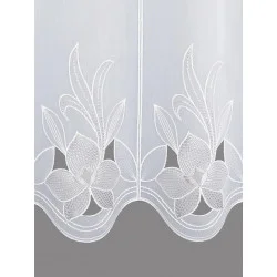 Angesagte Stickerei-Scheibengardine Emma in weiß-taupe Plauener Spitze