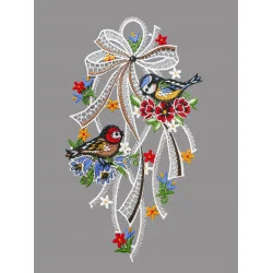 Eine große Schleife mit zwei kleinen Vögelchen aus Plauener Spitze für Ihre Fensterdekoration.