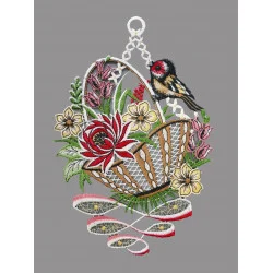 Fensterbild Blumenkorb mit Stieglitz