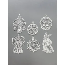 Dekoratives 6er Set Baumbehang Mix aus Plauener Spitze in Weiß-Silber
