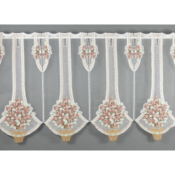 Transparenter Bistrovorhang in Weiß mit altrosa Rosenbaum-Motiv aus feiner Spitze .
