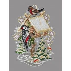 Fensterbild Vogelhäuschen mit Specht