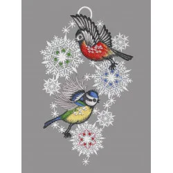 Fensterbild Vögelchen mit Schneekristallen