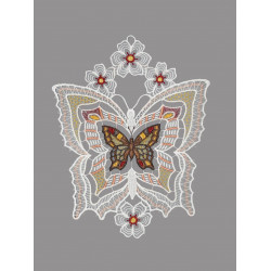 Großer gestickter Schmetterling als feines Plauener Spitze Fensterbild auf grauem Grund.
