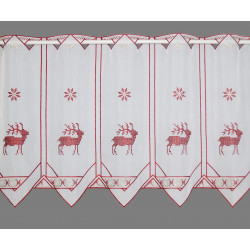 Kurzgardine in Weiß mit roter Hirsch-Stickerei und Lurex-Akzenten für weihnachtliche Heimtextilien.