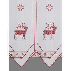 Nahaufnahme weihnachtliche Scheibengardine mit filigran gesticktem Hirsch-Motiv und glänzenden Details.