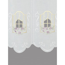 Bestickte Kurzgardine Blumenfenster in weiß-lila Plauener Spitze