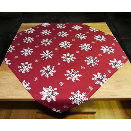 Mitteldecke Schneeflocken mit Wichtel in weinrot 95x95 cm