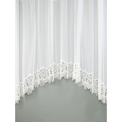 Klassischer Bogenspitzen-Store in weiß mit bogenförmigem Abschluss, halbtransparente Gardine für Lichtdurchlass.