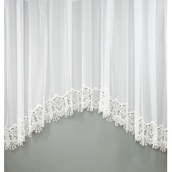 Detailansicht der filigranen Plauener Bogenspitze mit Blumenmuster, weißer Store aus halbtransparentem Sablé.