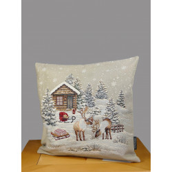 Festliches Gobelinkissen mit winterlichem Waldmotiv, Holzhütte und zwei Rentieren aus robustem Webstoff.