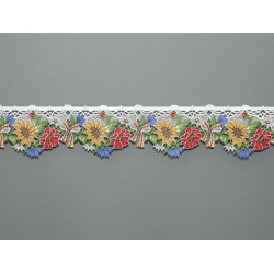 Filigrane Plauener Spitze mit detailreichen Sonnenblumen-Stickereien als eleganter Sichtschutz.