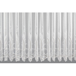 Weiße Plauener Spitze Gardine Esmé, filigrane Wellen-Stickerei und ornamentaler Abschluss, halbtransparenter Langstore.