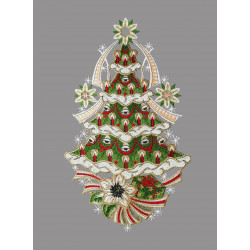 Plauener Spitze Fensterbild geschmückter Tannenbaum mit Geschenken, feine Stickerei für weihnachtliche Heimtextilien.