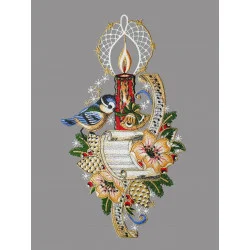 Fensterbild Kerze mit Blaumeise aus Plauener Spitze