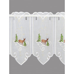 Halbtransparente weiße Heimtextilien-Scheibengardine mit Hirsch-Stickerei und goldenen Sternenmotiven. 30 cm hoch
