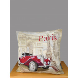 Gobelin Kissenhülle Alt Paris mit rotem Oldtimer, Eiffelturm-Motiv und "Paris"-Schriftzug auf beigem Webstoff.
