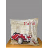 Gobelin Kissenhülle Alt Paris mit rotem Oldtimer, Eiffelturm-Motiv und "Paris"-Schriftzug auf beigem Webstoff.