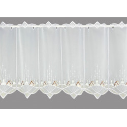 Halbtransparente Scheibengardine mit weiß-grüner Winterdorf-Stickerei, weihnachtliche Heimtextilien.