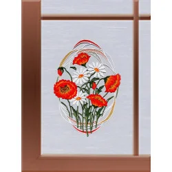 Fensterbild Margeriten und Mohnblumen aus Plauener Spitze
