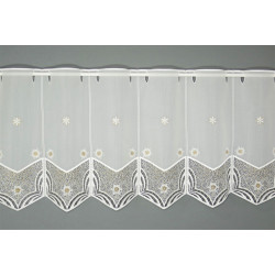 Elegante Bistrogardine aus cremeweißem Voile mit glänzender Stickerei und Plauener Spitze im winterlichen Design.