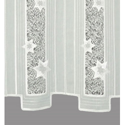 Detailansicht transparenter Spitze mit silbernen Sternen-Motiven und feiner Netzstruktur als Sichtschutz.