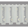 Transparente Bistrogardine aus Plauener Spitze freigestellt mit goldenen Sternen für edle Heimtextilien.